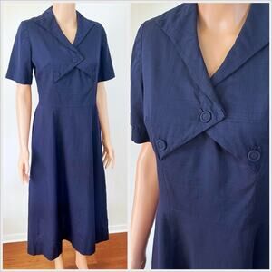 Vintage 1940s / 1950s Navy Blue Shirtwaist Dress Midi‎ // Size Medium